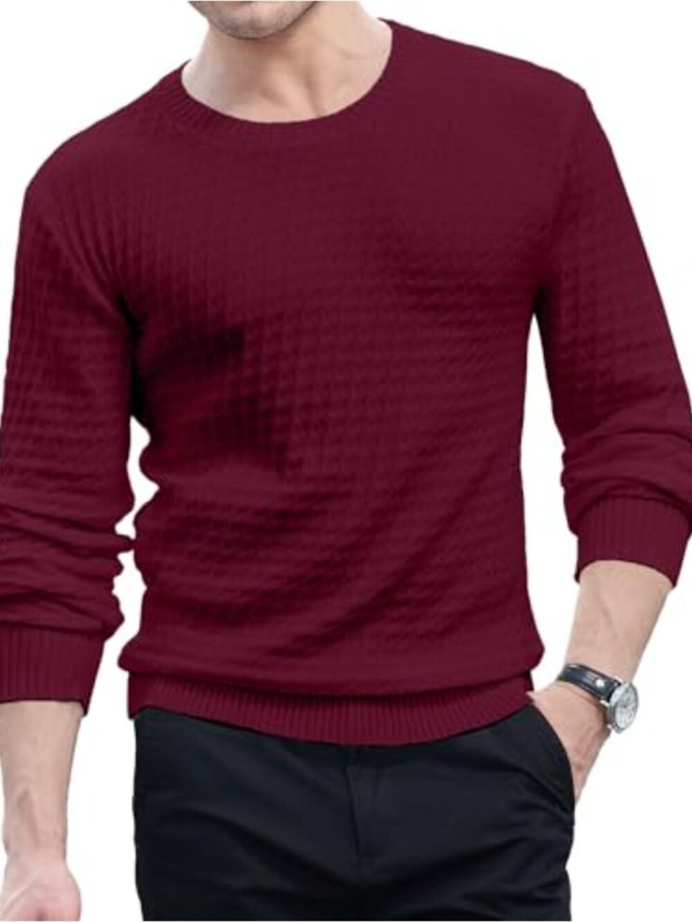 Men's Crewneck Sweater Waffle Textured Soft Pullover